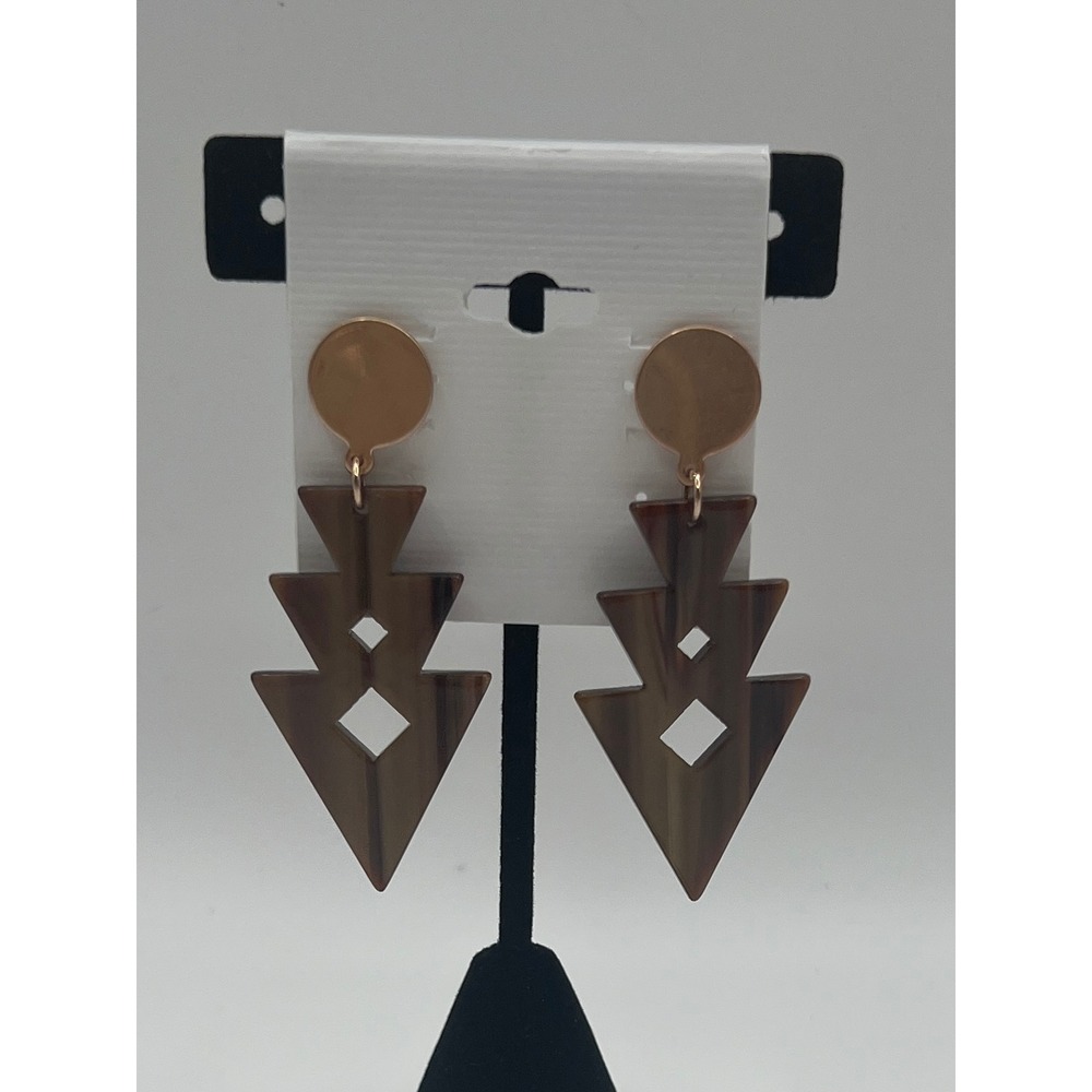 Geometric Tribal Arrow Drop Earrings Rose Gold Tone Marbled Brown Acrylic Dangle